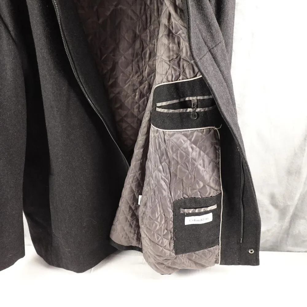 Calvin Klein Coat Mens 2XL Gray Wool Blend Zip Front Quilted Lined Winter